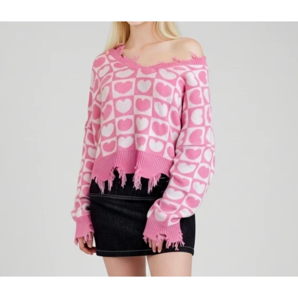 JUST POLLY NEW YORK Pink Hearts CROP OVERSIZED PULLOVER FRINGE SWEATER, L